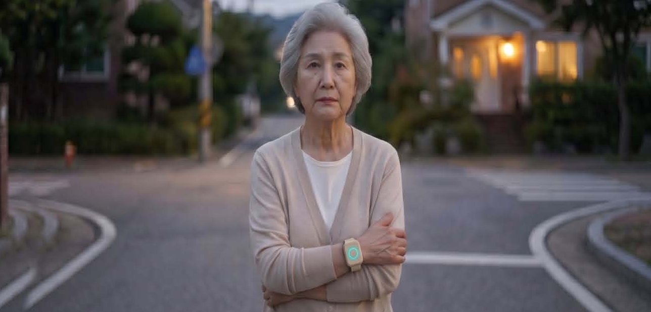 해 질 녘 갈림길에 서 있는 어르신 연출 이미지