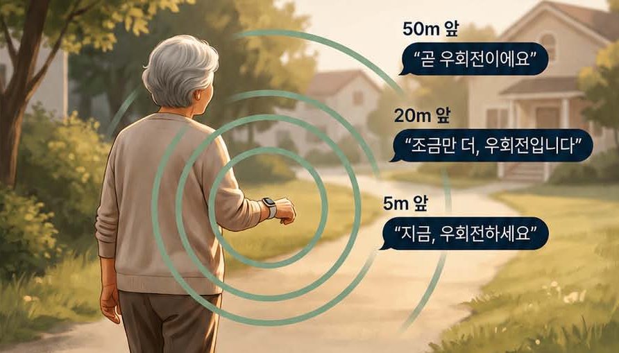 갈림길 앞에서 짧은 음성 안내를 듣는 어르신 그림